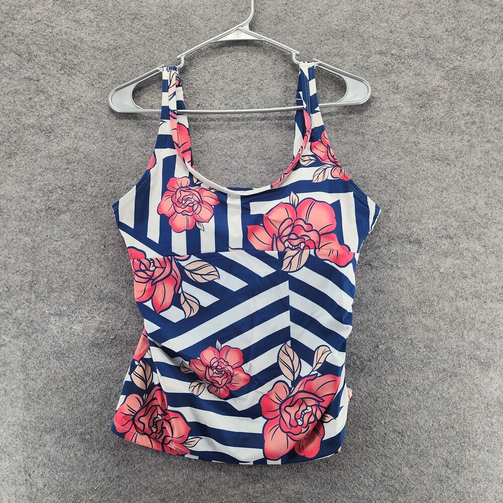 Crane Tankini Womens Large Blue Striped Floral Swimwear